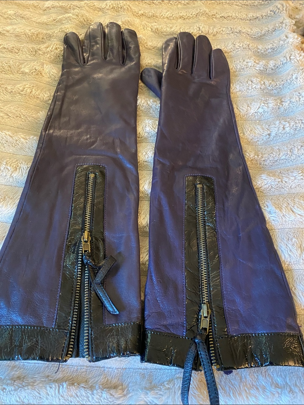 Long Purple Leather Zip Gauntlet Gloves
